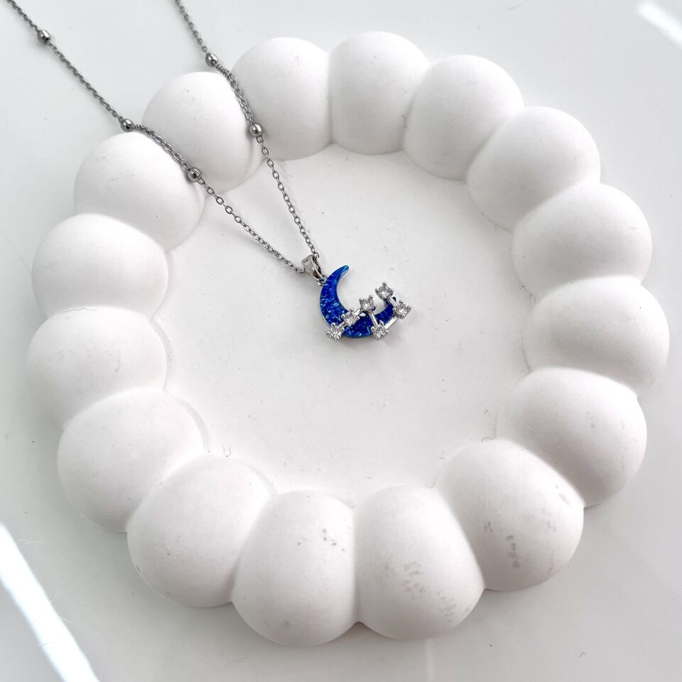 Çelik Zirkon Taşlı Ay Kolye