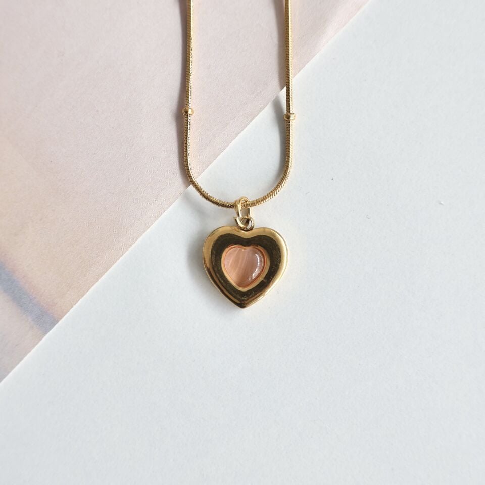 Çelik Kedi Gözü Pembe Kalp Kolye