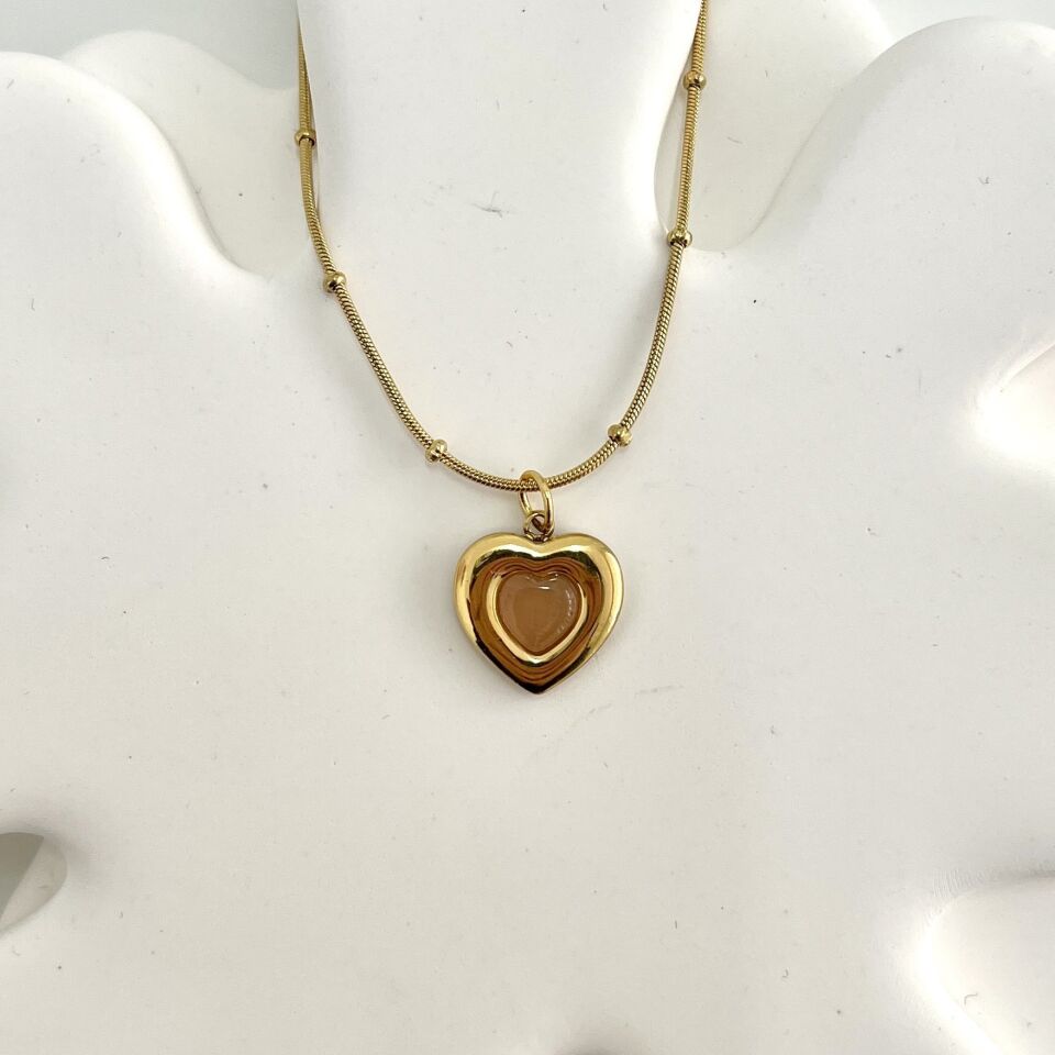 Çelik Kedi Gözü Pembe Kalp Kolye