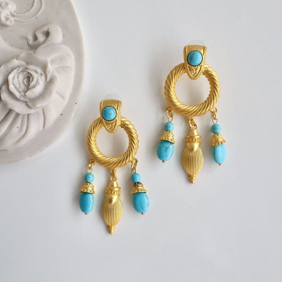 İthal Turkuaz Taşı Bohem Küpe