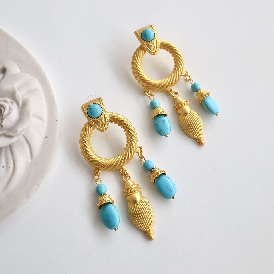 İthal Turkuaz Taşı Bohem Küpe