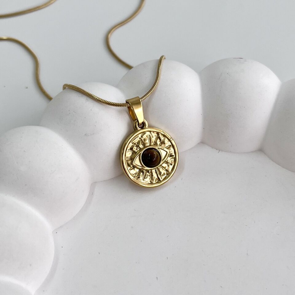 Çelik Kaplan Gözü Taşı Göz Kolye