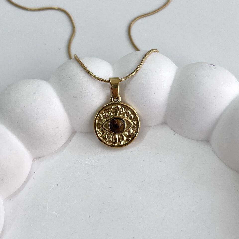 Çelik Kaplan Gözü Taşı Göz Kolye