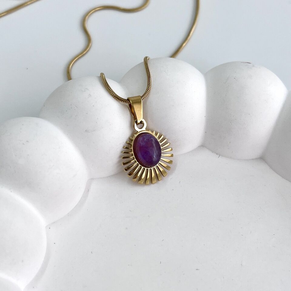 Çelik Ametist Taşı Minimal Kolye