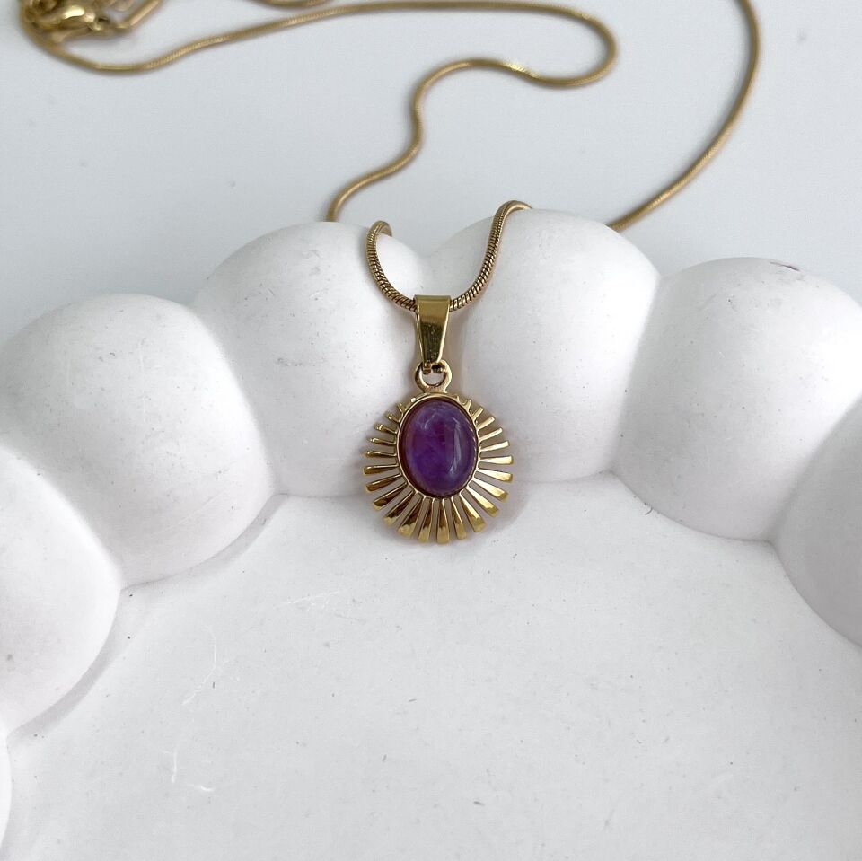 Çelik Ametist Taşı Minimal Kolye