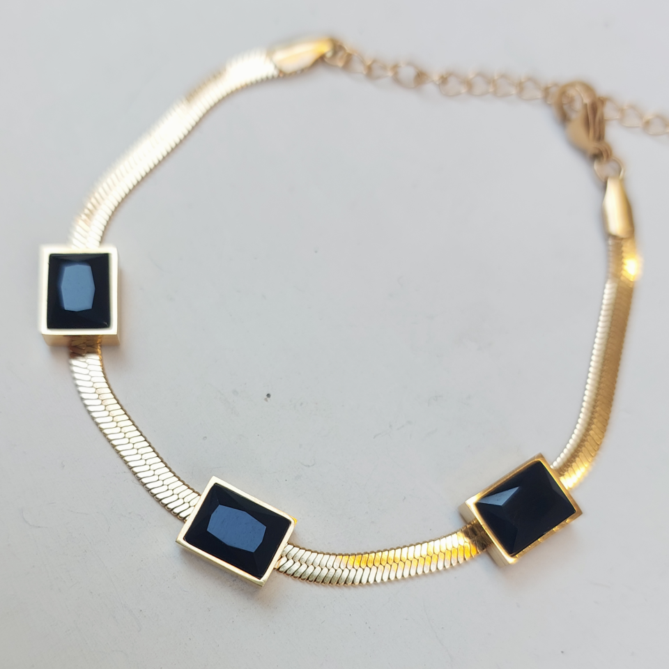 Çelik Siyah Taşlı İtalyan Bileklik