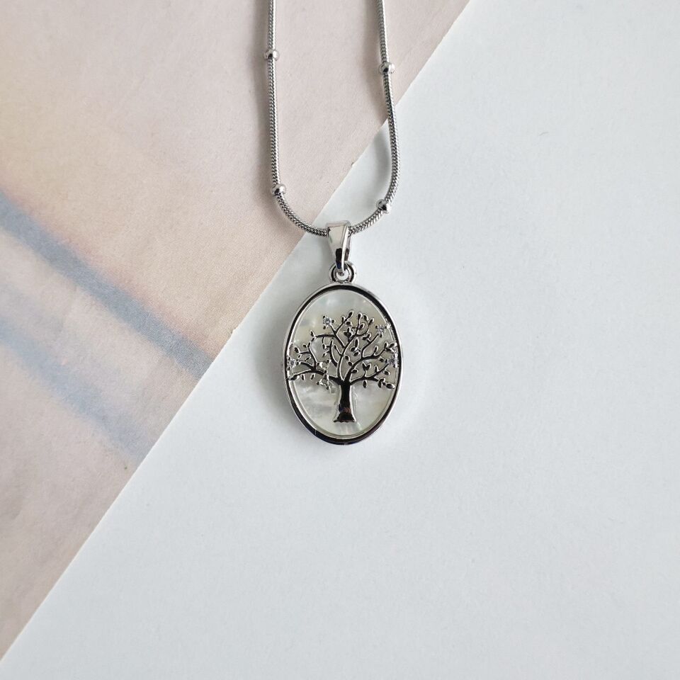 Çelik Sedef Taşı Ağaç Kolye