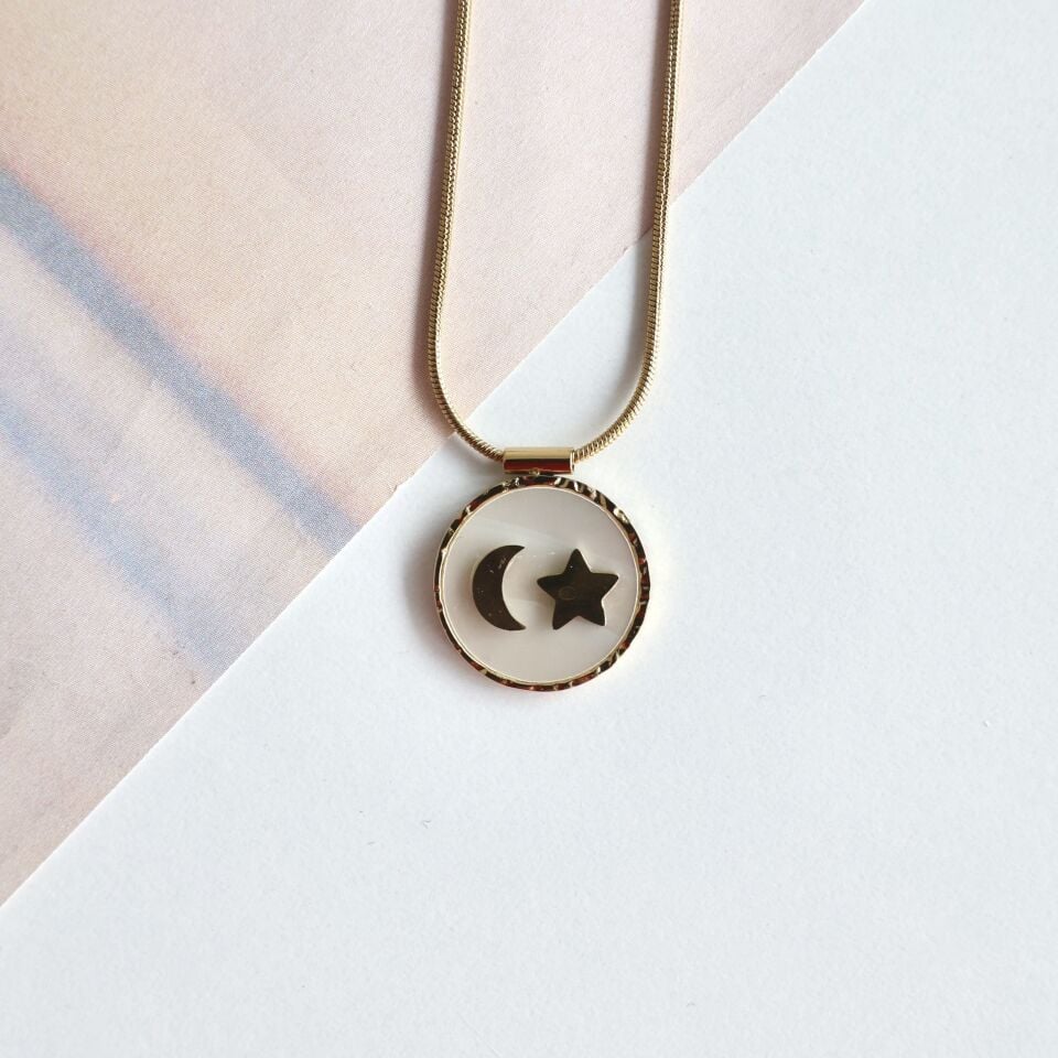 Çelik Sedef Taşı Ay Yıldız Kolye