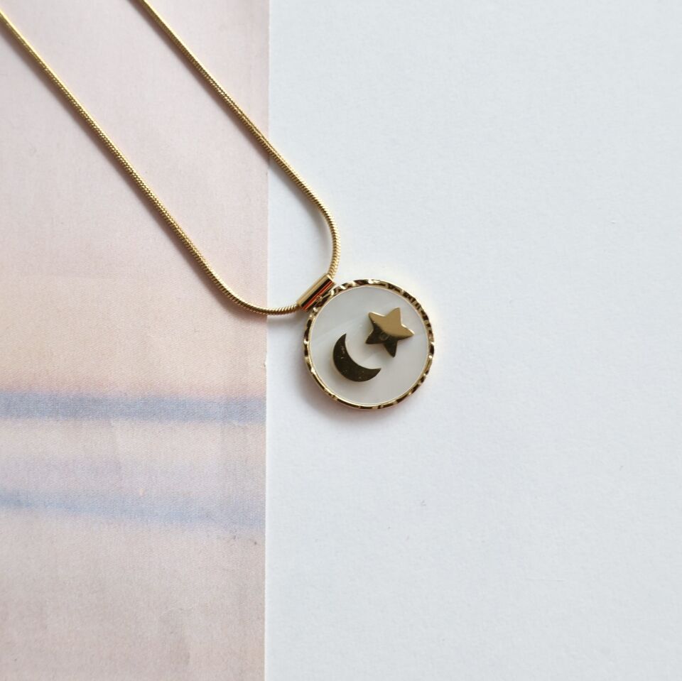 Çelik Sedef Taşı Ay Yıldız Kolye