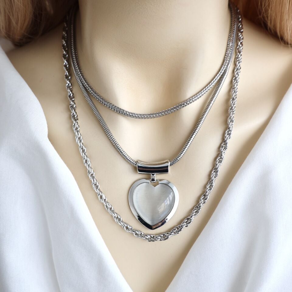 VIP Kedi Gözü Kalp Üçlü Kolye