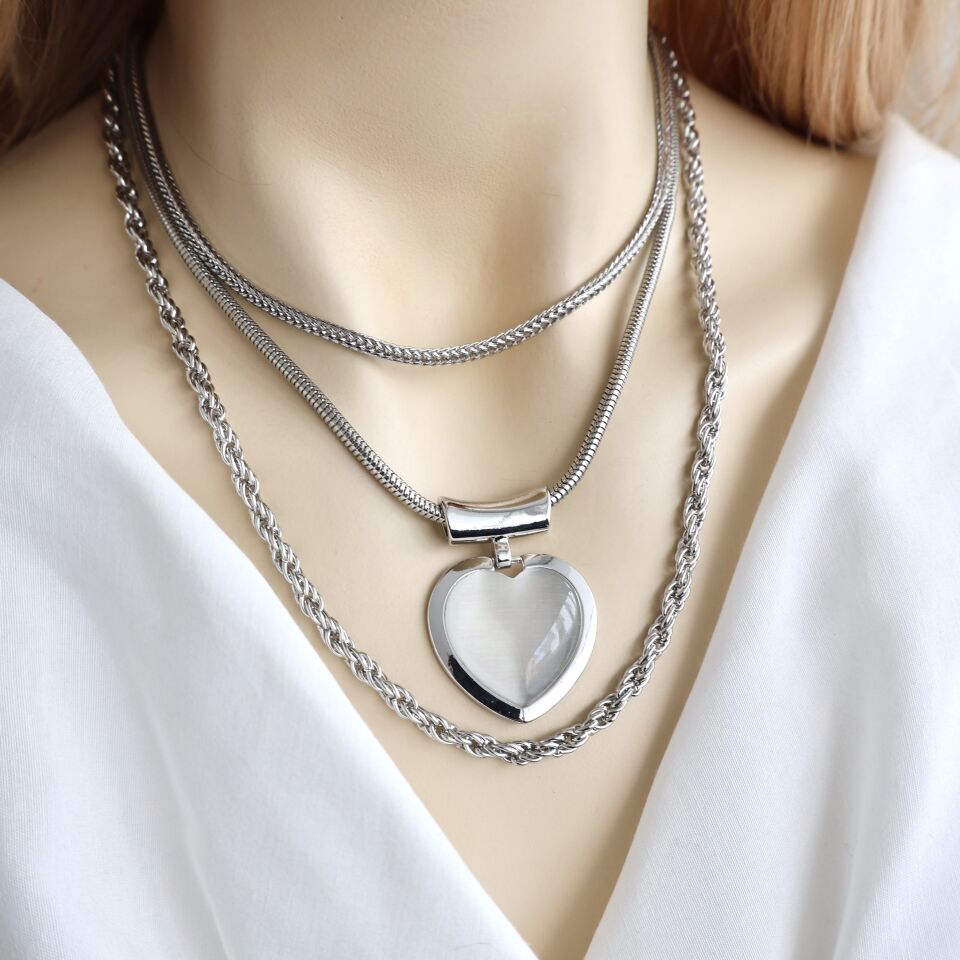 VIP Kedi Gözü Kalp Üçlü Kolye