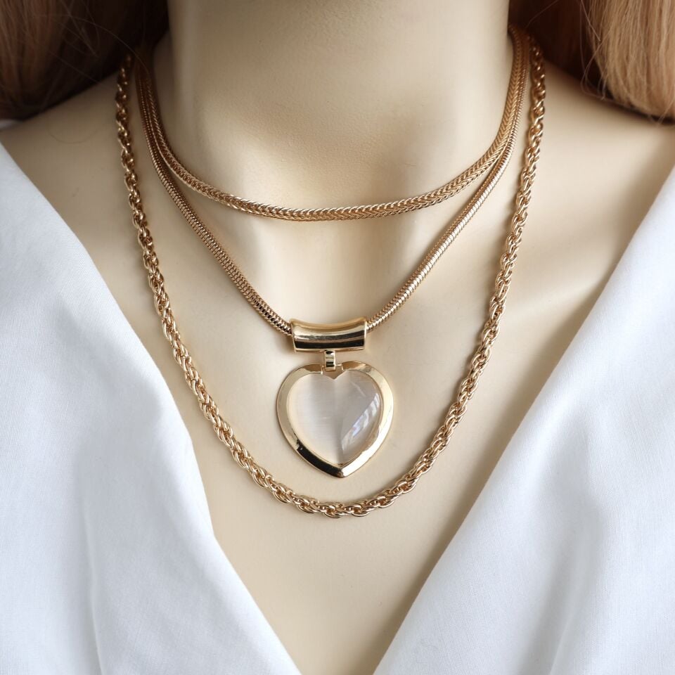 VIP Kedi Gözü Kalp Üçlü Kolye