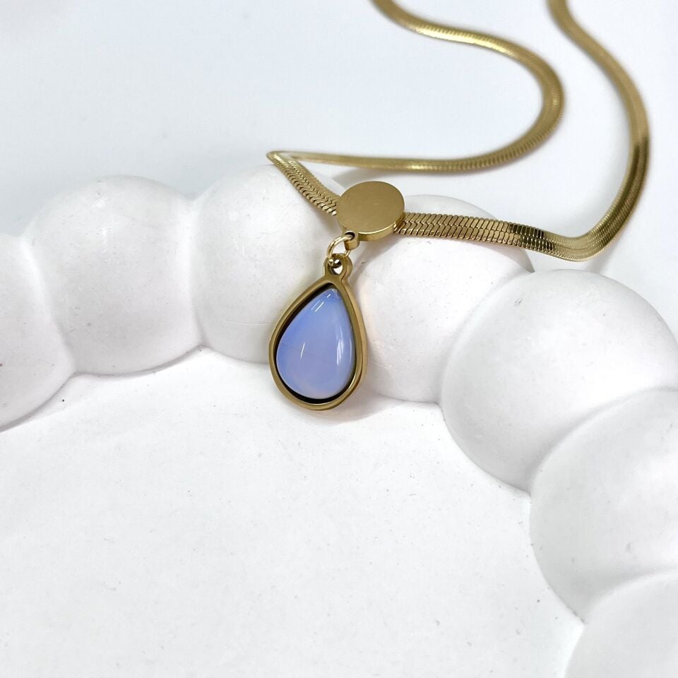 Çelik Ay Taşı Damla Kolye