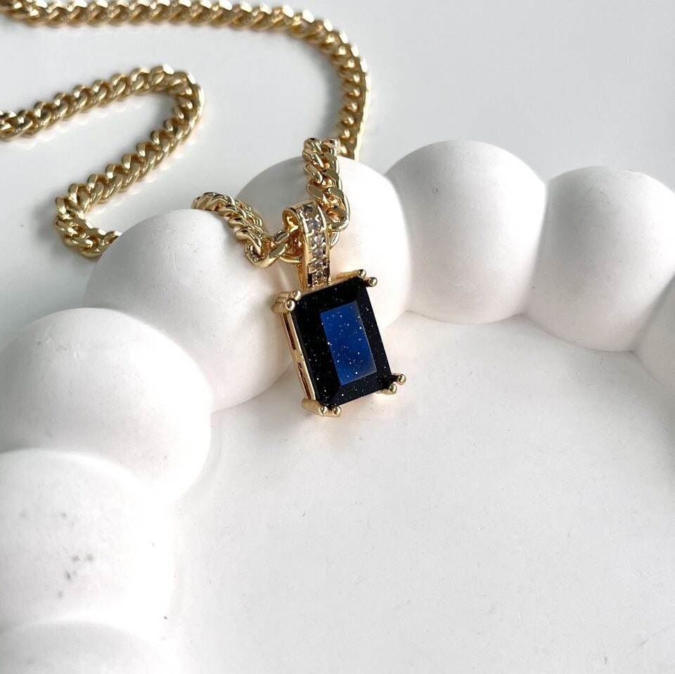 Simli Lacivert Taşlı Kolye