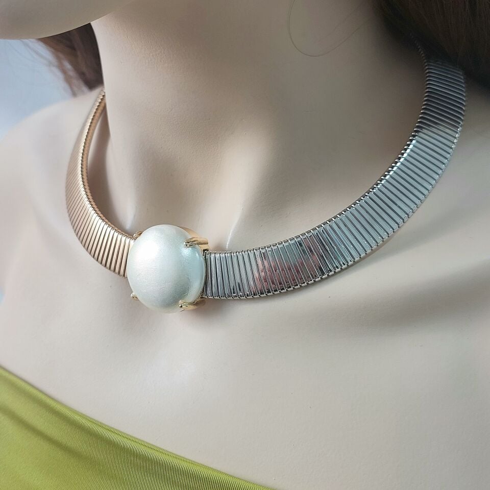 Vip Plaka İnci Görünümlü Çift Renk Kolye