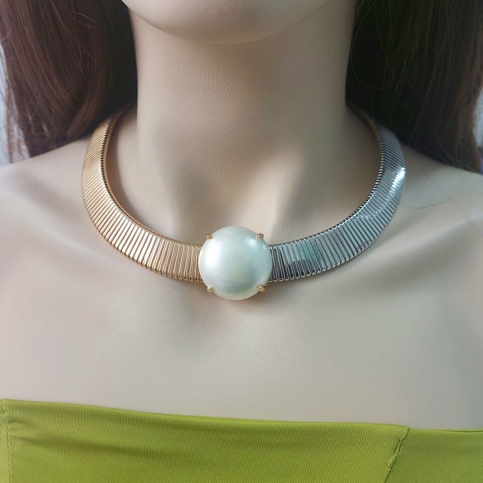 Vip Plaka İnci Görünümlü Çift Renk Kolye