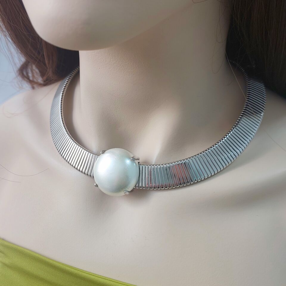 Vip Plaka İnci Görünümlü Kolye Silver