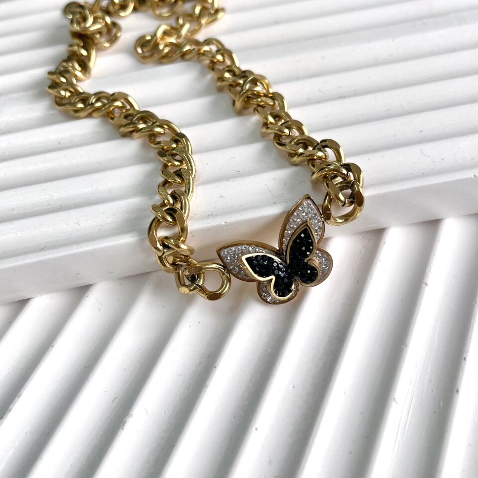 Çelik Taşlı Kelebek Kolye