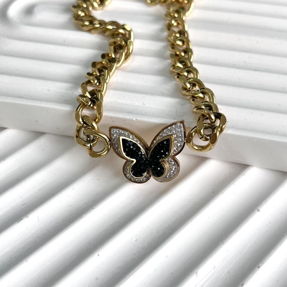 Çelik Taşlı Kelebek Kolye