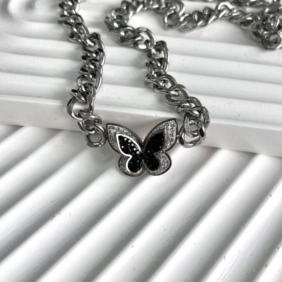 Çelik Taşlı Kelebek Kolye