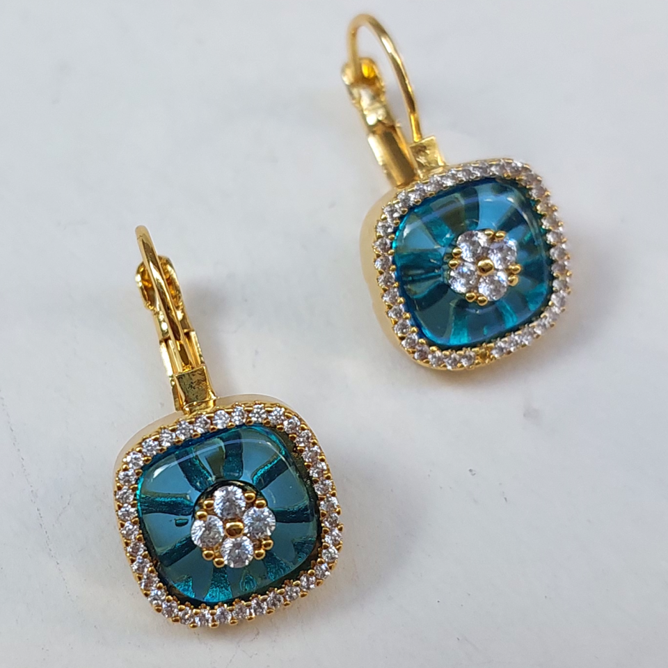 Mavi & Gold Kare Küpe