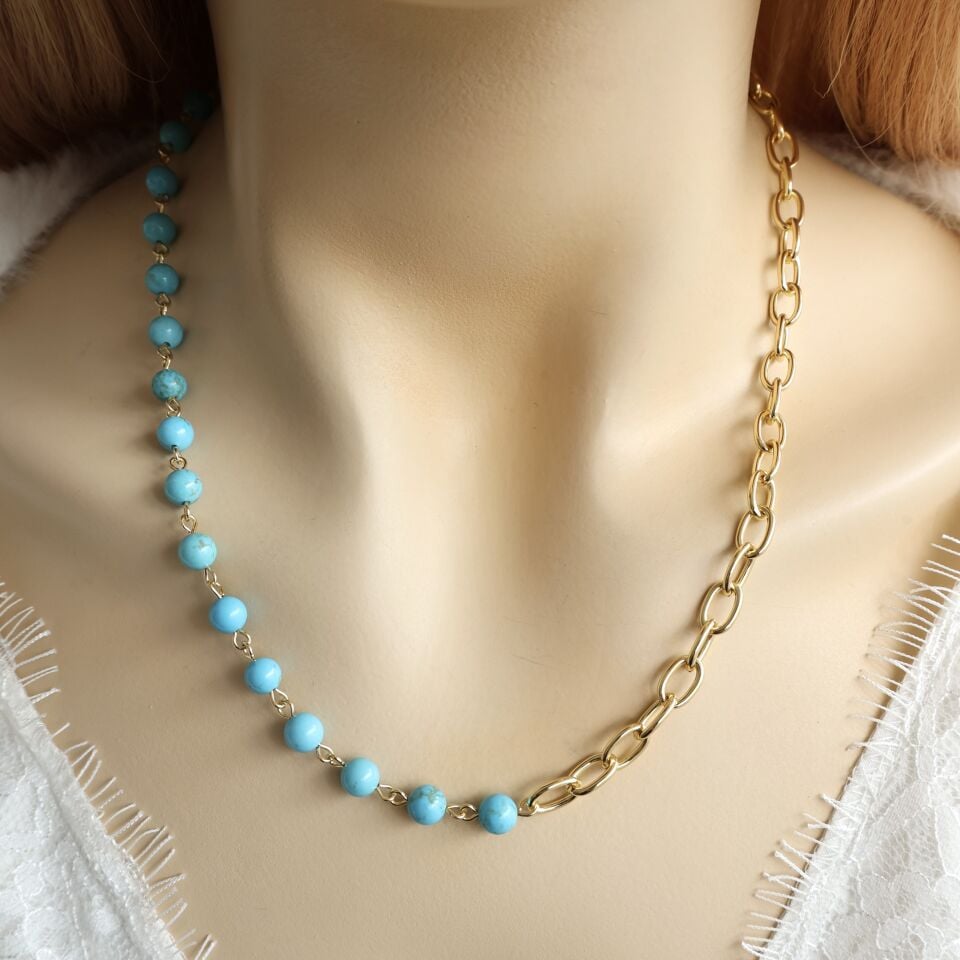 Mavi Taşlı Zincir Kolye