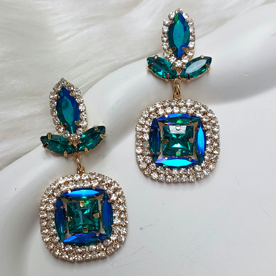 Taşlı Mavi & Yeşil Küpe