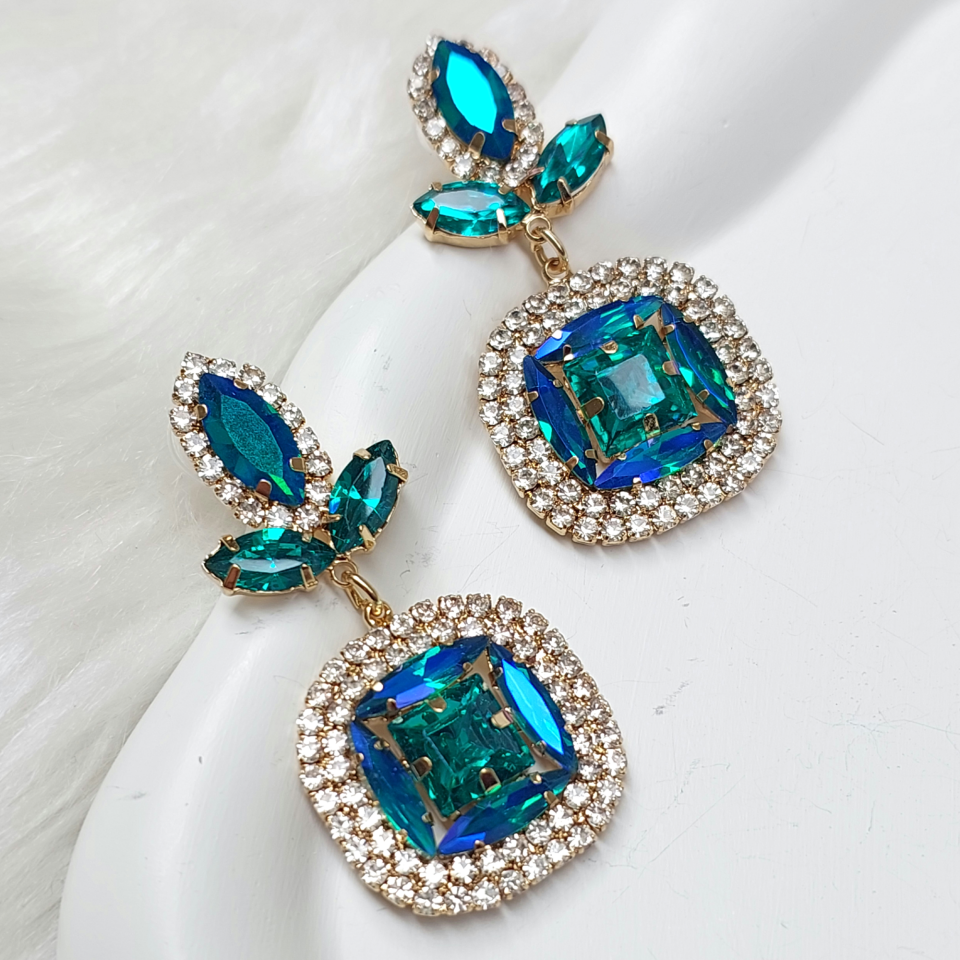 Taşlı Mavi & Yeşil Küpe