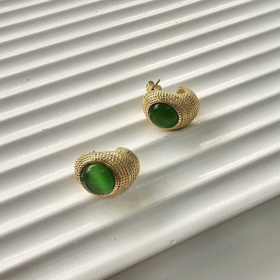 Çelik Kedi Gözü Küpe (Yeşil)