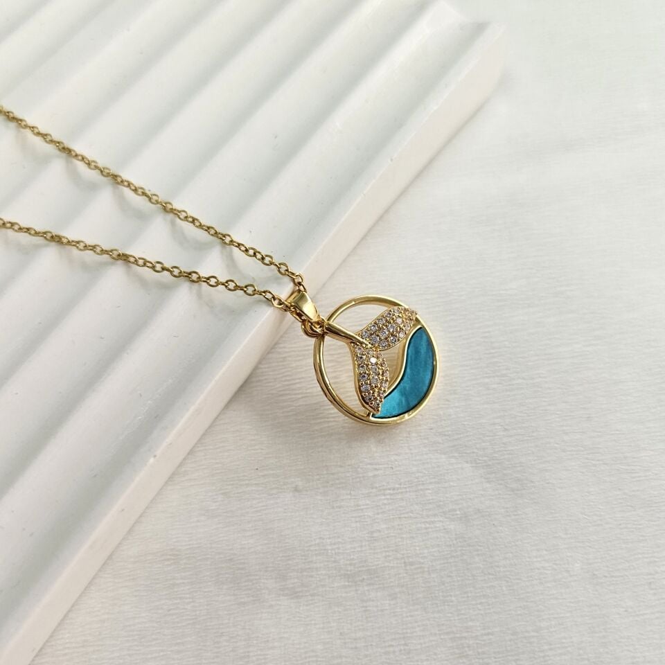 Çelik Orka Kolye Mavi Sedefli Gold