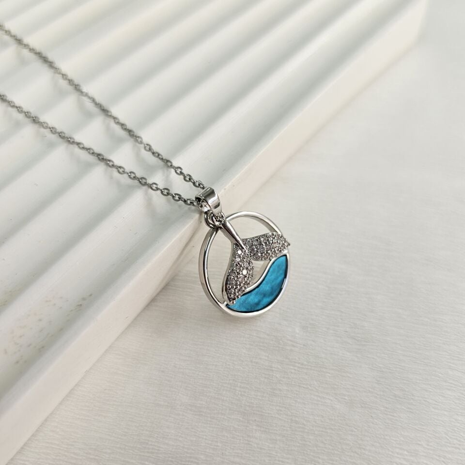 Çelik Orka Kolye Mavi Sedefli Silver