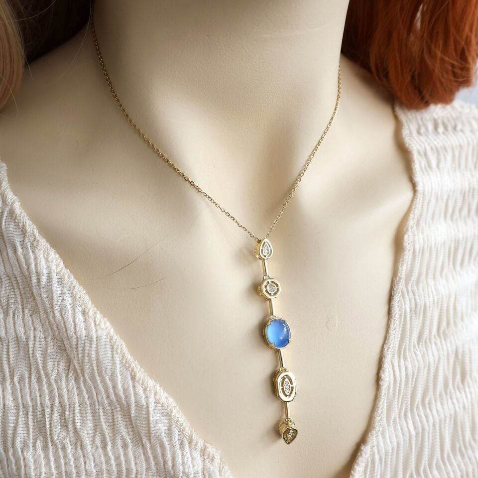 Mavi Taşlı Sallantı Kolye