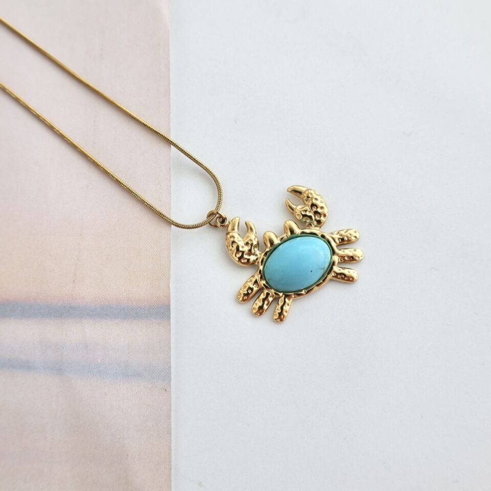 Çelik Turkuaz Taşı Yengeç Kolye