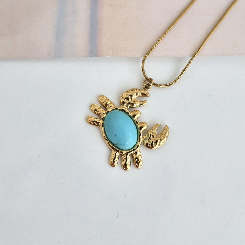 Çelik Turkuaz Taşı Yengeç Kolye