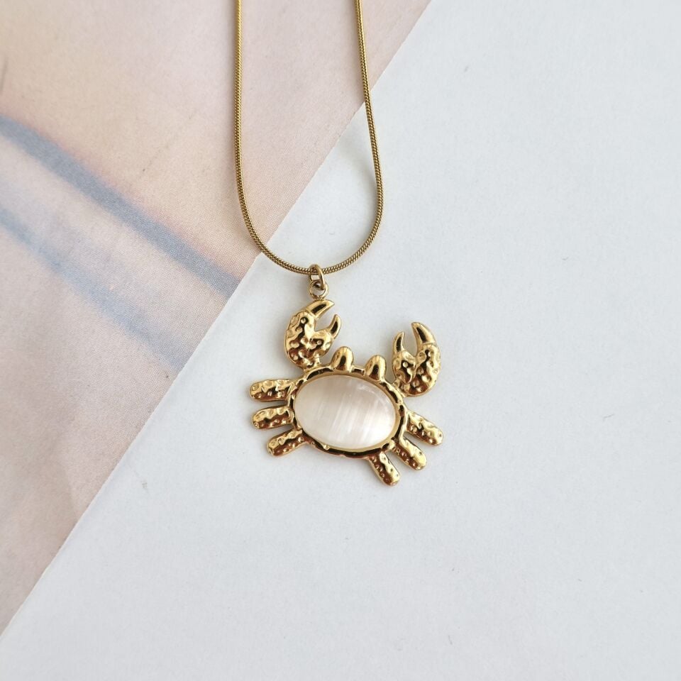 Çelik Kedi Gözü Taşı Yengeç Kolye