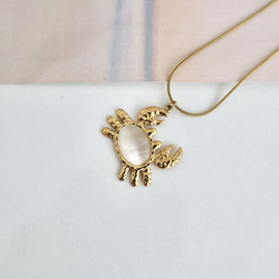 Çelik Kedi Gözü Taşı Yengeç Kolye