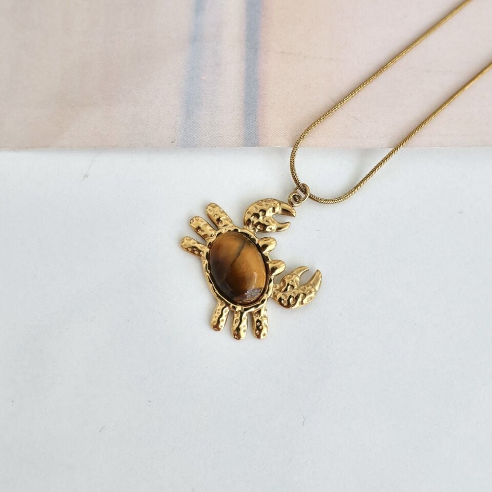 Çelik Kaplan Gözü Taşı Yengeç Kolye