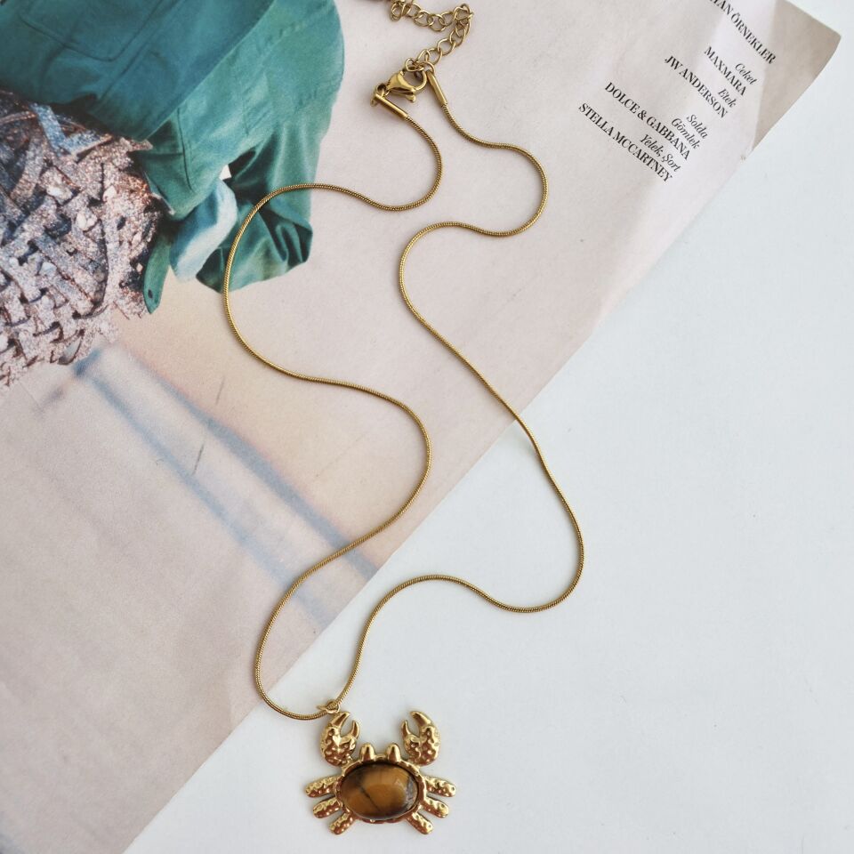 Çelik Kaplan Gözü Taşı Yengeç Kolye