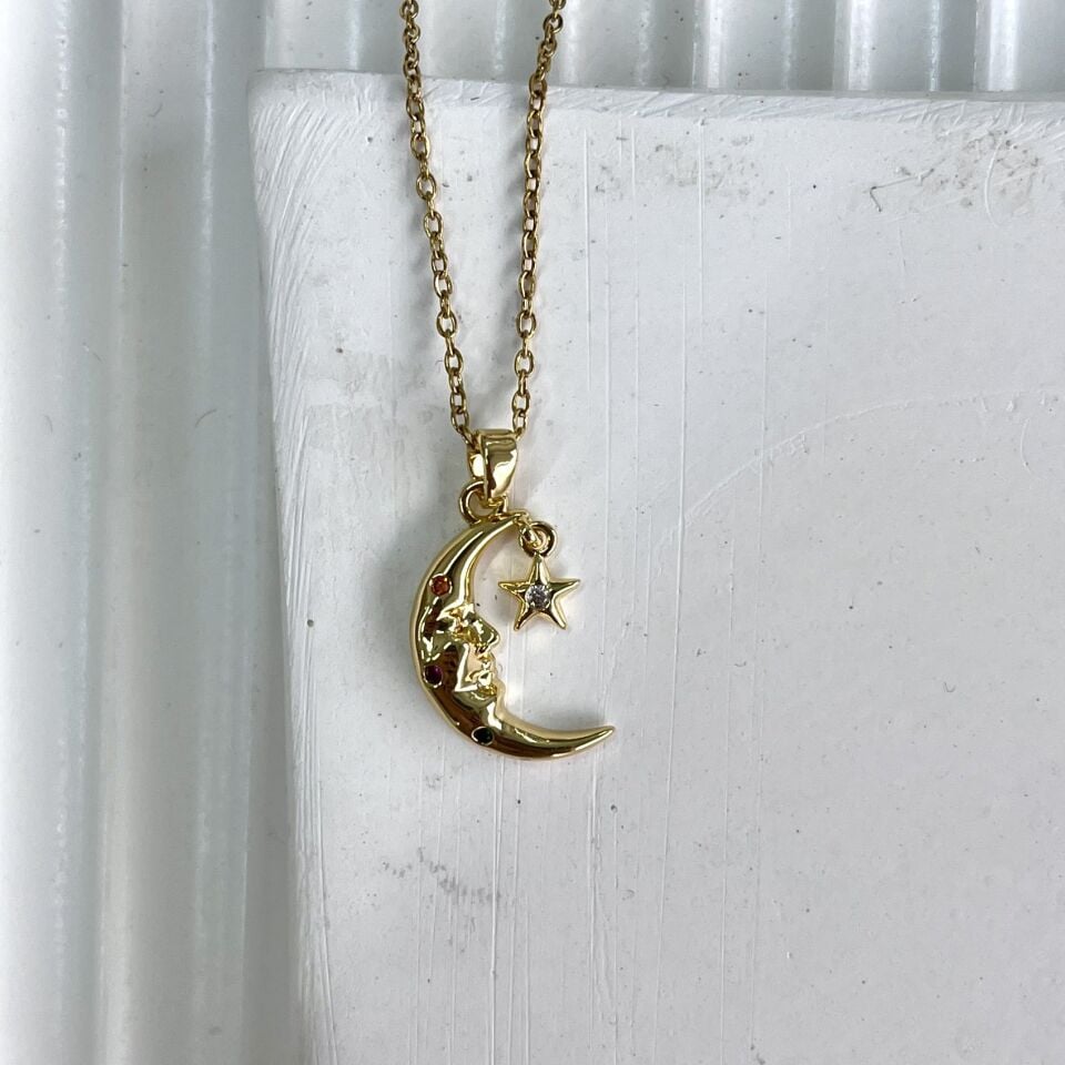 Çelik Renkli Taşlı Ay Kolye