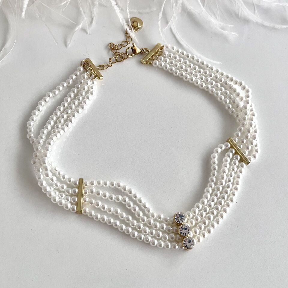 İnci Sıralı Taşlı Kolye