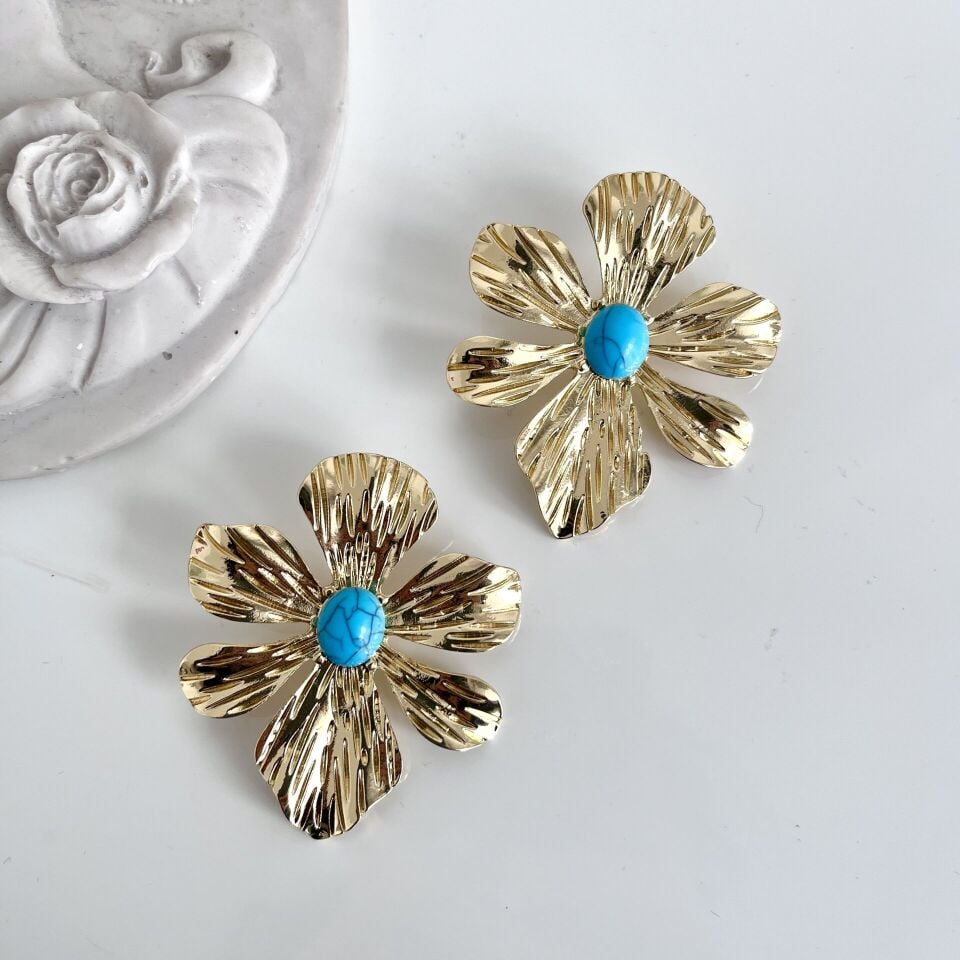 Turkuaz Taşlı Çiçek Küpe