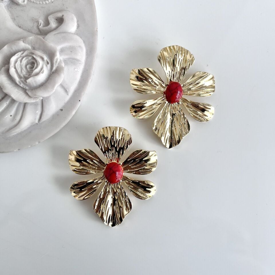 Turkuaz Taşlı Çiçek Küpe