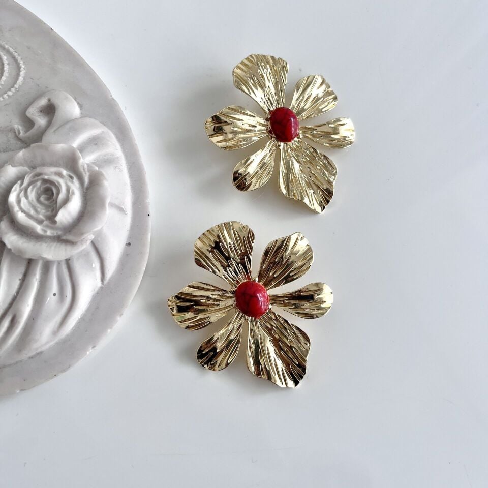 Turkuaz Taşlı Çiçek Küpe