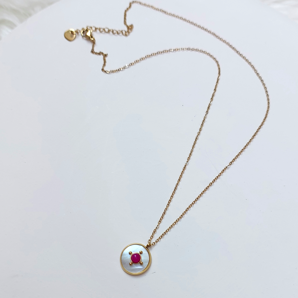 Çelik Pembe Taşlı Sedef Kolye