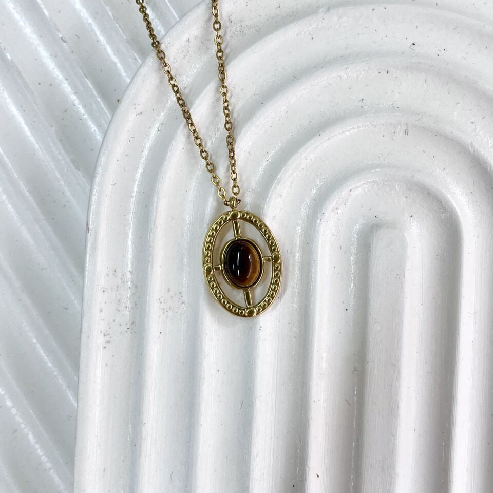 Çelik Kaplan Gözü Taşı Kolye