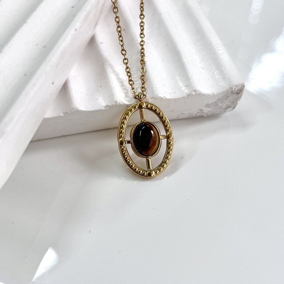 Çelik Kaplan Gözü Taşı Kolye