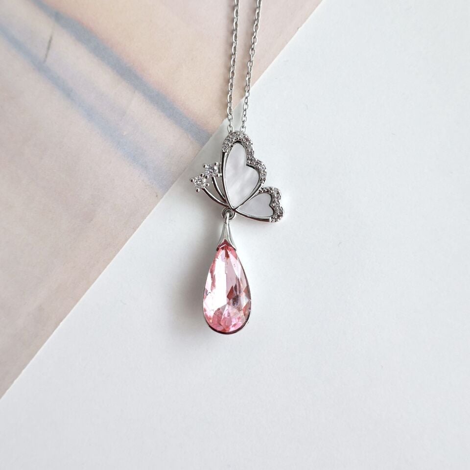 Çelik Sedef Taşı Kelebek Kolye