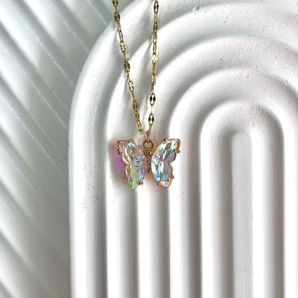 Çelik Kristal Kelebek Kolye