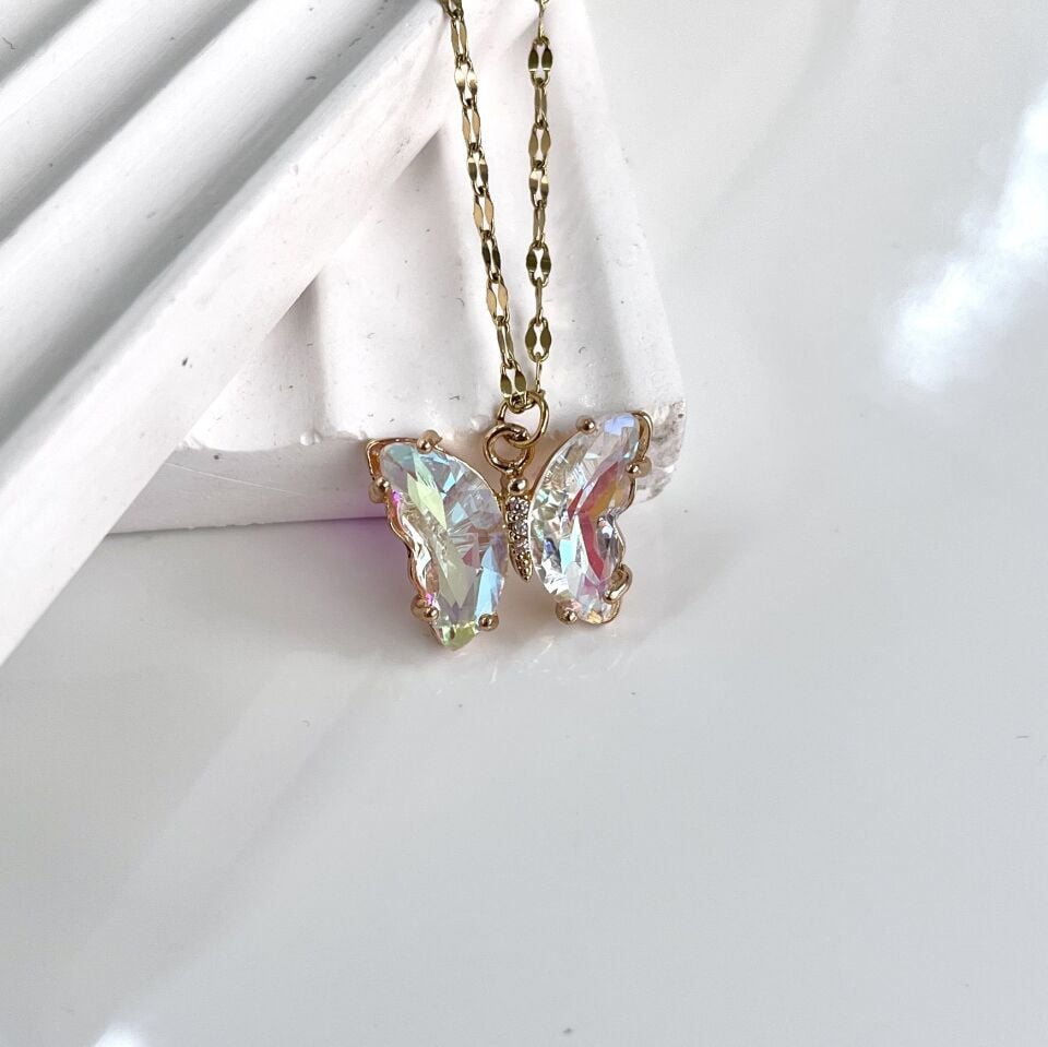 Çelik Kristal Kelebek Kolye