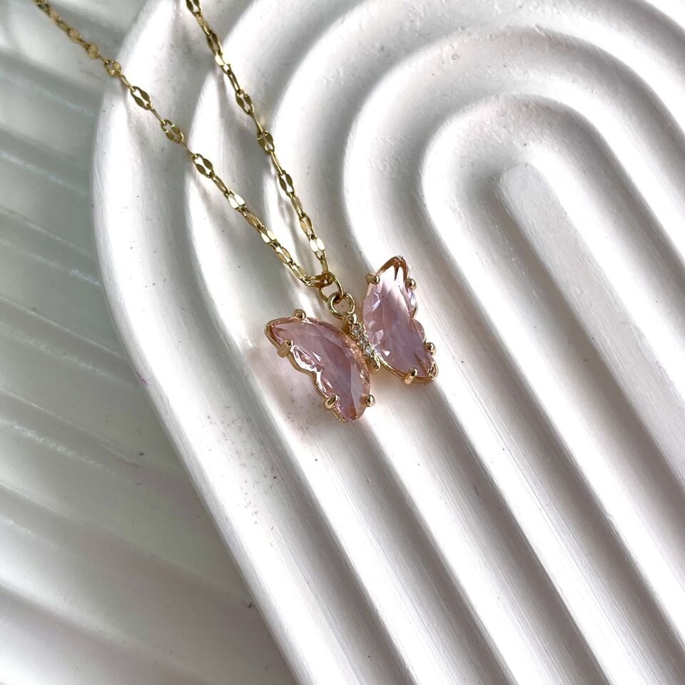 Çelik Kristal Pembe Kelebek Kolye